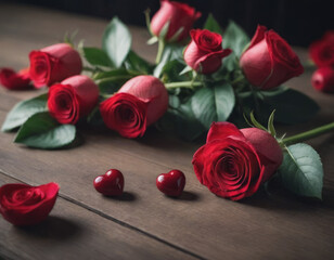 Rose rosse sparse su un tavolo con petali e cuori.