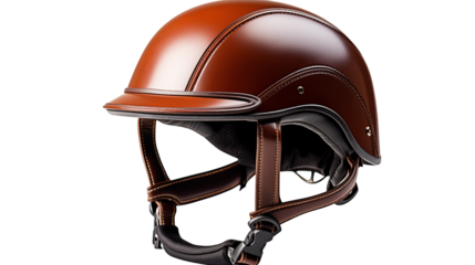 High-quality brown leather helmet, ideal for horse riders, isolated on a clean white background to highlight details.