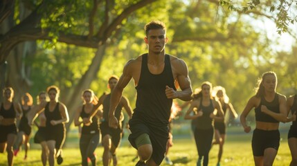 Dynamic Outdoor Fitness Boot Camp Session Led by Energetic Instructor in Sunlit Park