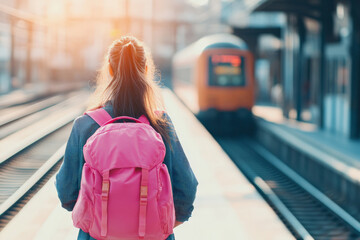 Student with pink backpack waiting for train at sunset, travel and education concept