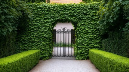 Ivy-covered garden wall leading to a house, wrought iron gate, secretive atmosphere