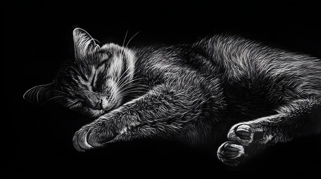 A tabby cat peacefully sleeps in a black and white portrait.