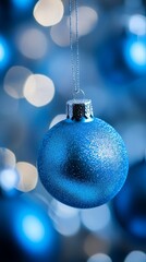 Hanging blue glitter Christmas ornament in a winter-themed background with glowing bokeh lights. Ideal for Merry Christmas and happy new year designs.