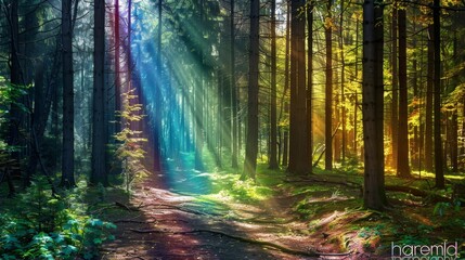 Obraz premium Magical Forest Pathway with Sunrays and Colorful Light Beams, Nature Background for Fantasy Concepts