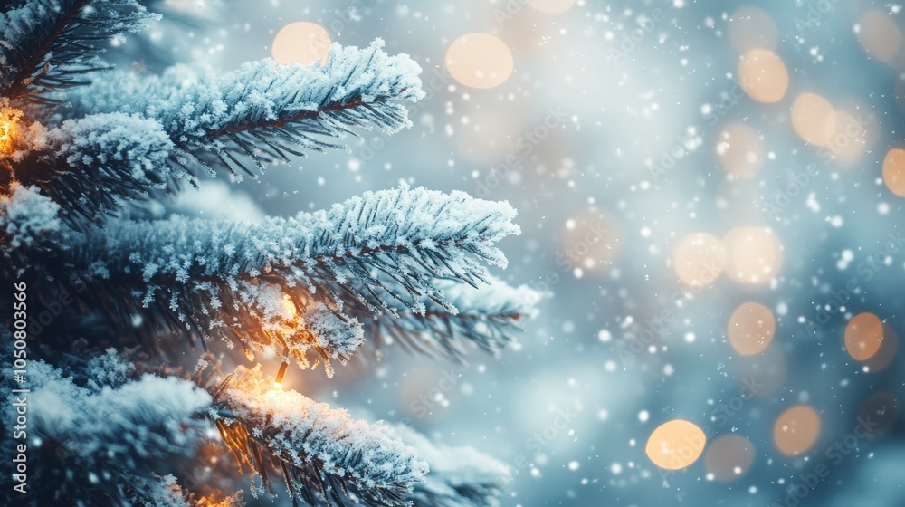 Poster Frosty Christmas tree branches illuminated with warm lights, creating a festive atmosphere.