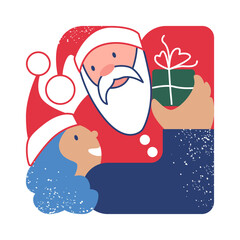 Santa's gift for a girl. Festive Xmas or winter greeting card. Hand drawn vector illustration.