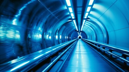 Futuristic blue tunnel with glowing lights and sleek metallic walls