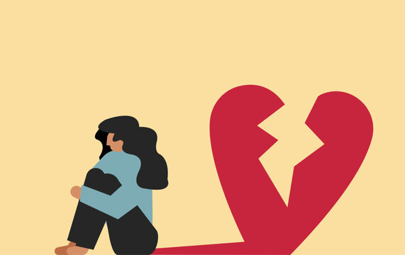 A sad woman sitting and her shadow shown as heartbreak describing pain emotion illustration