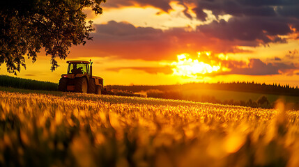 Fototapeta premium Tractor working in a golden field during a stunning sunset.