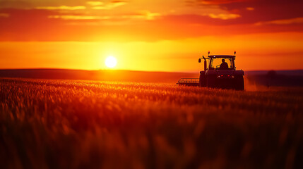 Fototapeta premium Tractor working in a golden field during a stunning sunset