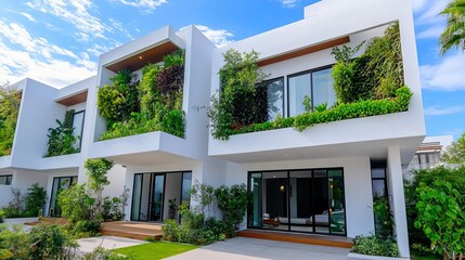 Fototapeta premium Modern townhouse with vertical garden, lush greenery climbing, urban minimalist style