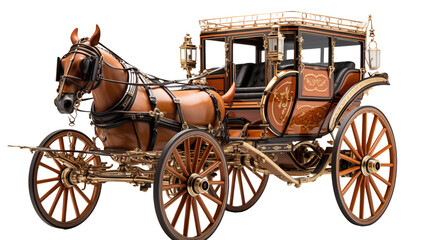 Classic horse and carriage setup, isolated on white, showcasing traditional elegance and style.