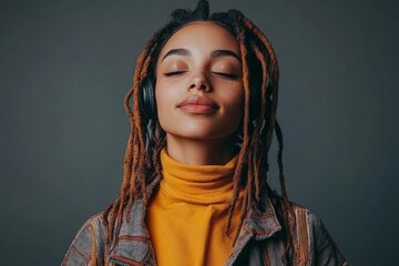Carefree woman with dreadlocks listening to music in a studio, Generative AI