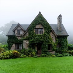 Old stone house with dense ivy, overgrown garden, misty morning atmosphere