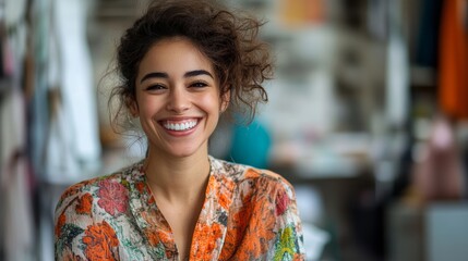Female fashion designer laughing in her studio, Generative AI