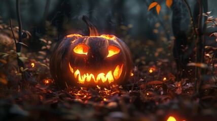 A haunting jack-o'-lantern with sharp, jagged features glows ominously in a dark forest
