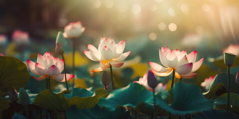 Pink Lotus Flowers Blooming in the Pond. Lotus Flower Background. Water Lily Flowers