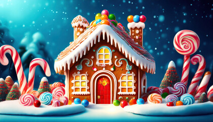 Obraz premium A cute gingerbread house covered in icing, gumdrops, and candy canes, nestled in a festive scene, creating a cozy and delightful holiday atmosphere.