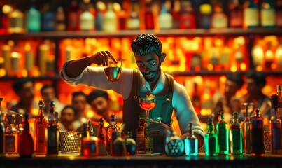 Bartender mixing drink at bar with bottles.