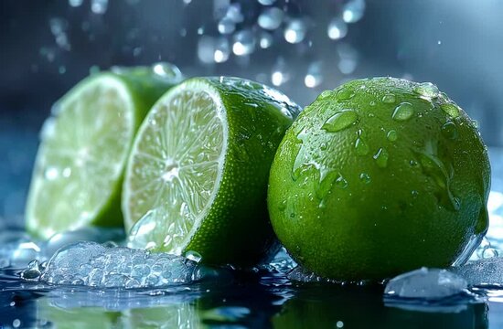 Vibrant green limes with refreshing water droplets and splashes in slow motion. Close-up video captures juicy texture and freshness. Perfect for health, wellness, and tropical themes