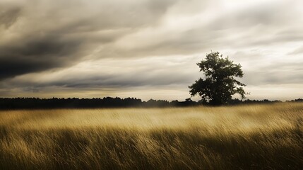 A single tree stands tall in a field of tall grass under a dramatic sky.