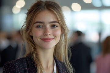 Obraz premium Young businesswoman smiling at a conference expo with colleagues in background, Generative AI