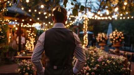 Outdoor Wedding Planner Finalizes Elegant Venue with Floral Arrangements and String Lights