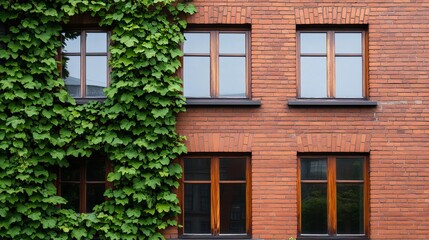 Fototapeta premium Red brick house with climbing ivy, vintage wooden windows, early morning mist