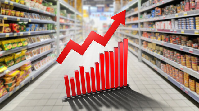 Food price inflation. Growth graph near supermarket windows. Grocery store inflation. Price growth statistics. Inflation crisis caused increase in cost of food. Chart food price increases. 3d image