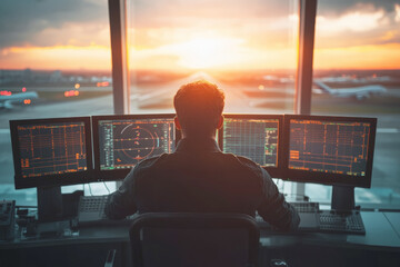 Air traffic controller managing airplane traffic during sunset