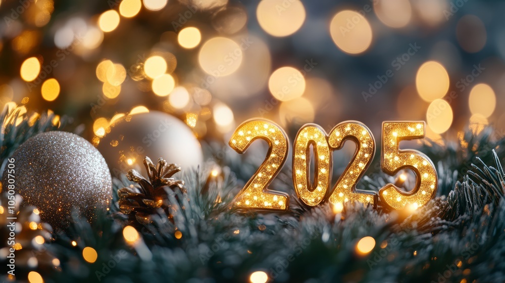 Poster golden 2025 numbers on a christmas tree setting with soft focus lights in the background. festive an