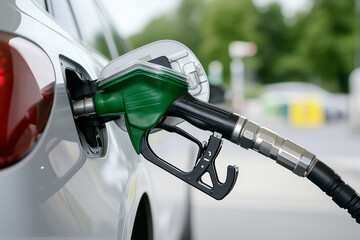 Close-up view of a fuel nozzle filling a vehicle at a busy gas station
