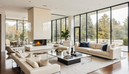 Fototapeta premium A luxurious, modern living room with a sleek, high-gloss wooden floor, a statement fireplace