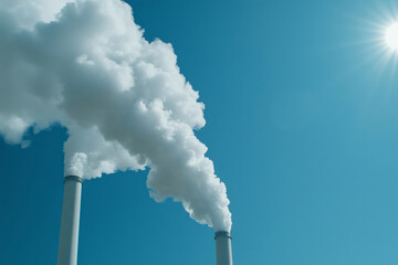 Dense clouds billow from smokestacks against a clear blue sky during midday