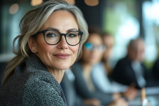 Mature business woman attending a successful corporate meeting with professionals in a boardroom, Generative AI