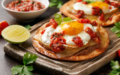 Huevos Rancheros tostadas with fried egg, tomato salsa, bean paste and cheese on wooden board
