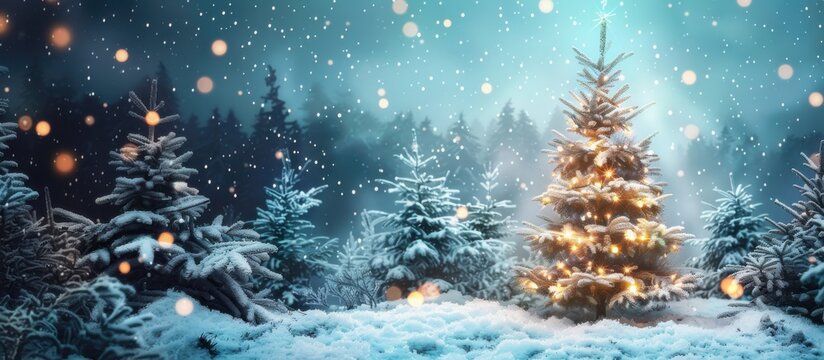 Snow-draped forest with a stunning Christmas tree adorned with holiday decorations, creating a cozy and festive atmosphere. - Powered by Adobe