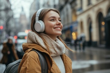 Fototapeta premium Sideview of a cheerful young businesswoman listening to music on her way to work in the city, Generative AI