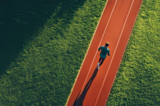Track and field track with sprinter in overhead shot, Generative AI