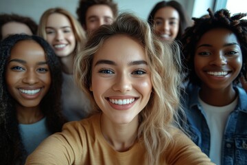 Fototapeta premium Multiracial group of people taking selfie at office, Generative AI