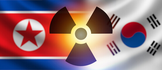 Nuclear danger sign. Flags Korea. Conflict between north and south Korea. Confrontation between two countries. Danger of nuclear war concept. National symbol DPRK. National flag of Korea. 3d image
