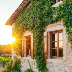 Stone cottage with ivy-covered walls, bright green leaves, rustic wooden windows, warm afternoon light