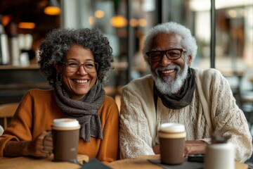 Cheerful senior couple having coffee together in a cafe, Generative AI