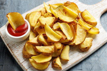 Fried potato dippers with ketchup on a white wooden board