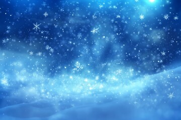 A serene snow-covered landscape under a clear blue sky, dotted with sparkling white stars at night.