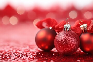 Three red Christmas ornaments adorned with elegant bows, set against a festive holiday backdrop.