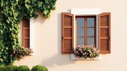 Naklejka premium Traditional house with ivy climbing on wooden shutters, blooming flowers, warm light