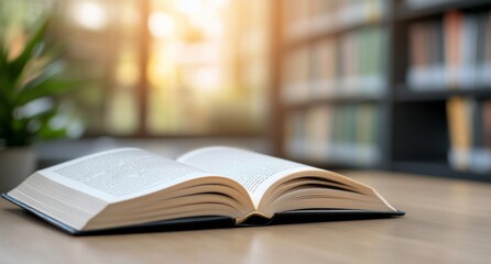 Obraz premium Open book resting on a wooden table in a cozy cafe with blurred lights