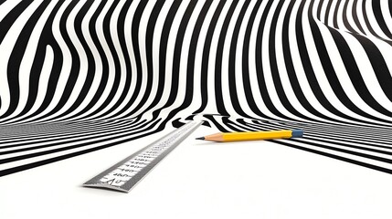 Naklejka premium Black and white stripes with a pencil and ruler.