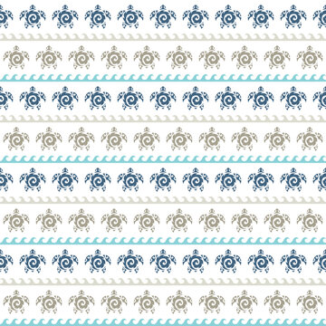 Seamless pattern with sea turtles. Marine life. Maori pattern. Stylish background. Blue and white.